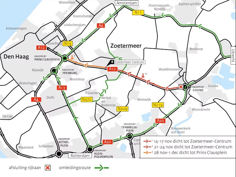 Drie weekendafsluitingen tussen Gouda en Den Haag